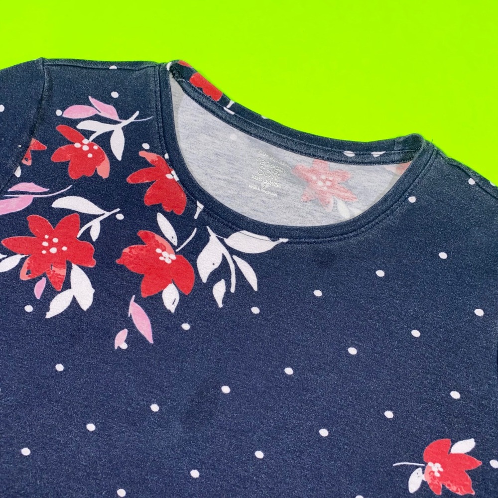 Kim Rogers Perfectly Soft Navy Blue Floral Polka Dot 3/4 Sleeve Cotton Top Small - Picture 1 of 6